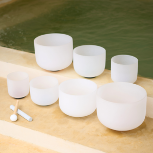 Full Chakra Set of 7 White Crystal Singing Bowls for Sound Healing
